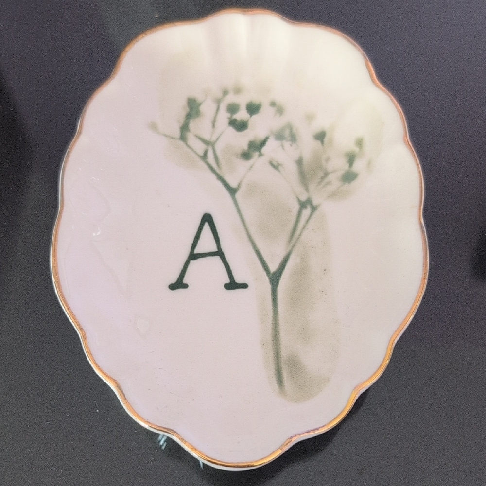 EUC Anthropologie "A" White and Green Porcelain Dish with Gold Trim